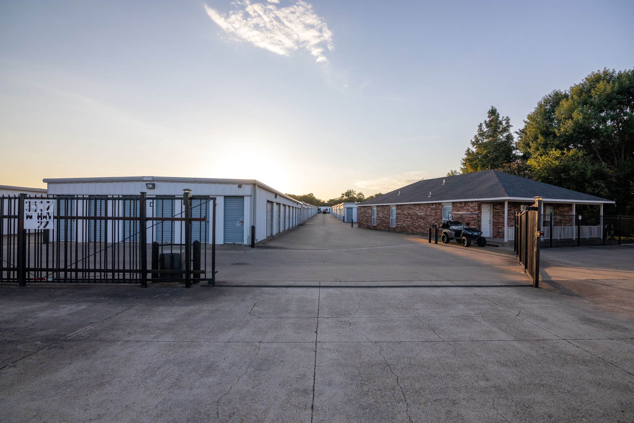 Front gate access view at Joey's Self Storage in Waxahachie, TX