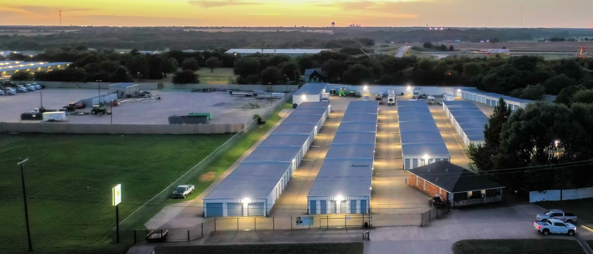 Overhead evening view of Joey's Self Storage in Waxahachie, TX